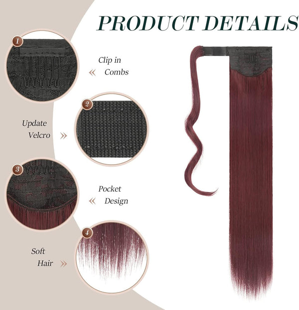 FESHFEN Straight Ponytail Extension (28in Wine)  Wrap-Around Synthetic Clip Hair