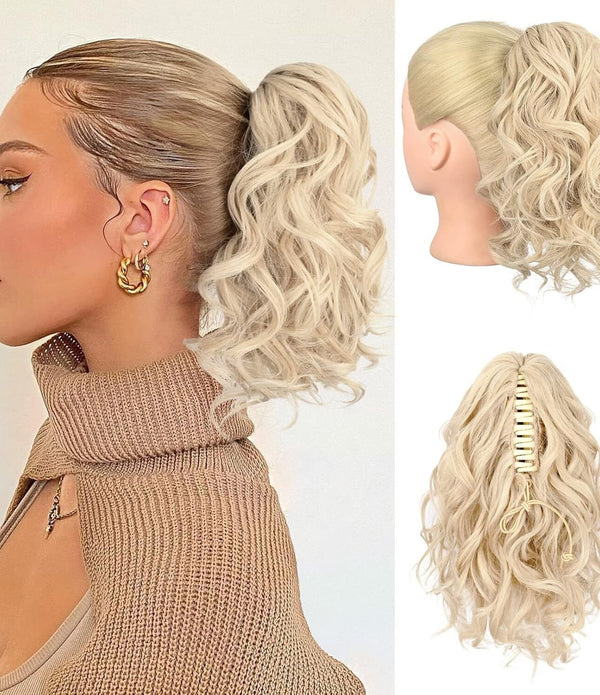 Claw Clip in Ponytail Hair Extensions, 12 Inch Short Curly Hairpiece Cool Blonde