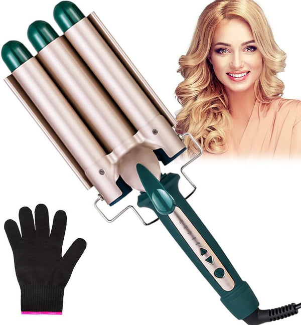 3-Barrel 25mm Hair Curler Quick Heat Electric Crimper with Gloves