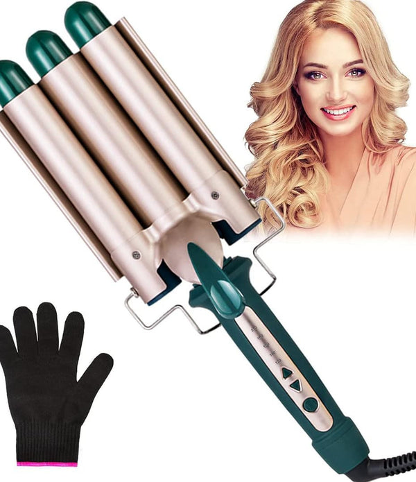 3-Barrel 25mm Hair Curler Quick Heat Electric Crimper with Gloves