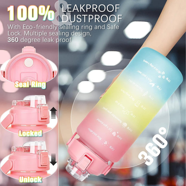 2L Motivational Water Bottle  Time Marker  Leak-Proof  BPA-Free (Pink-Yellow)