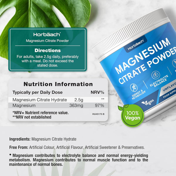 Horbaach Magnesium Citrate Powder 250g  High Strength  Vegan  EXP 06/25