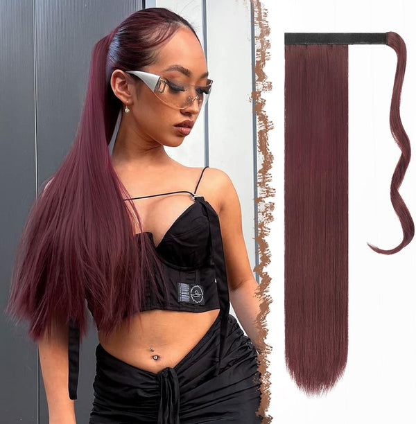 FESHFEN Straight Ponytail Extension (28in Wine)  Wrap-Around Synthetic Clip Hair