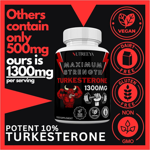 Turkesterone 1300mg 60 Pills Testosterone Booster Max Strength Potent   Vegan
