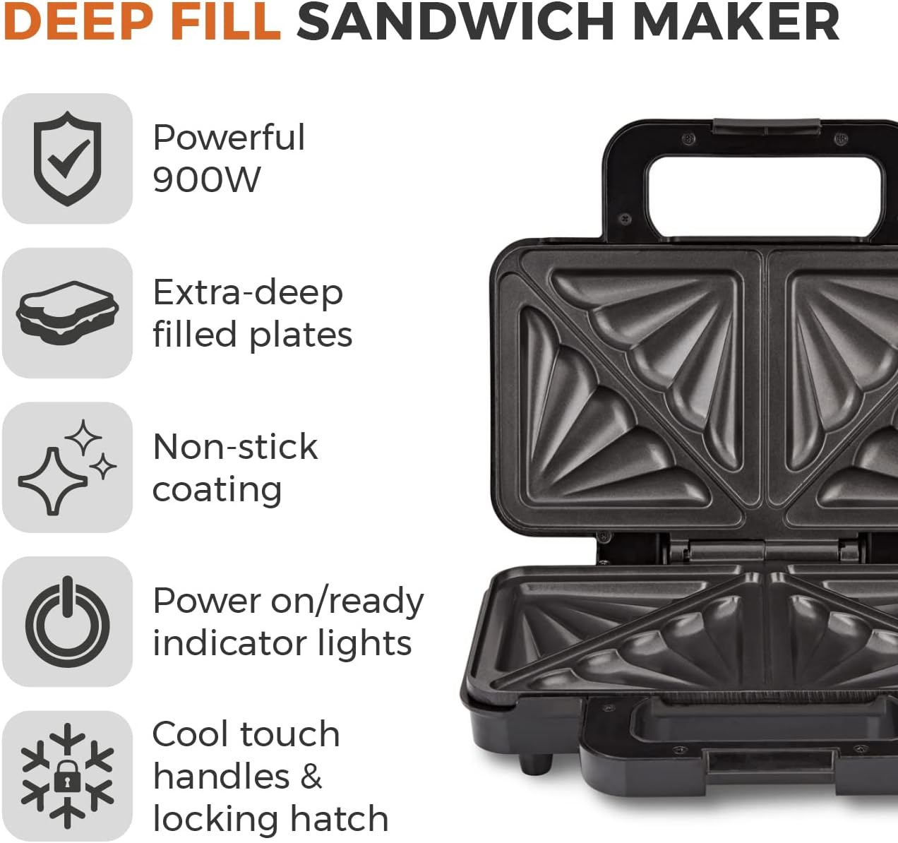 Tower T27031 Deep Filled Sandwich Maker with Non-Stick Coated Plate DAMAGE BOX