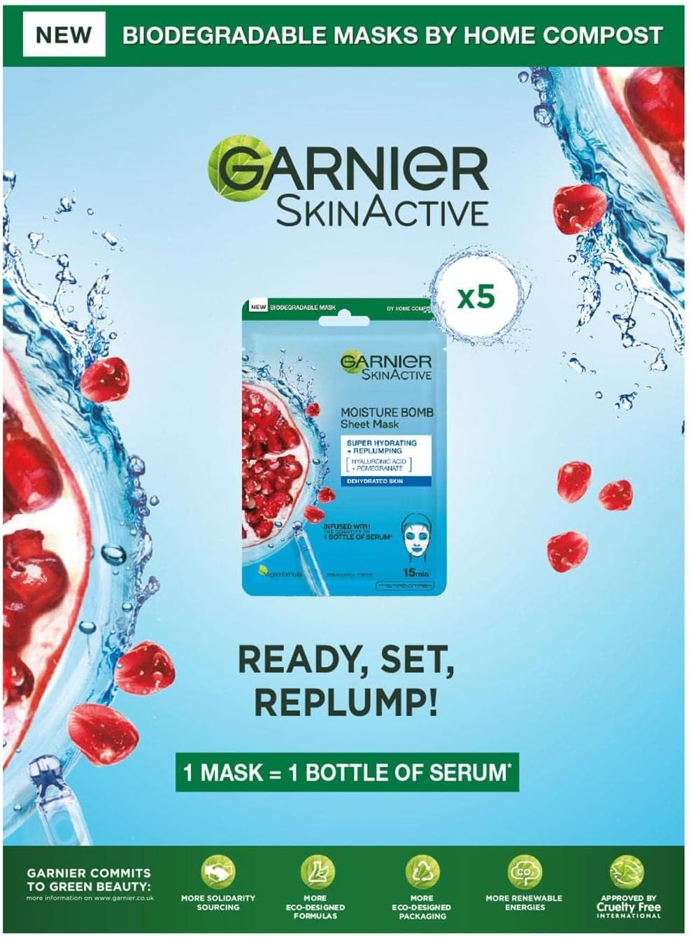 Garnier SkinActive Moisturising Tissue Mask, Moisturising and Firming, Pomegranate + Hyaluronic Acid, For Dehydrated Skin, Set of 5