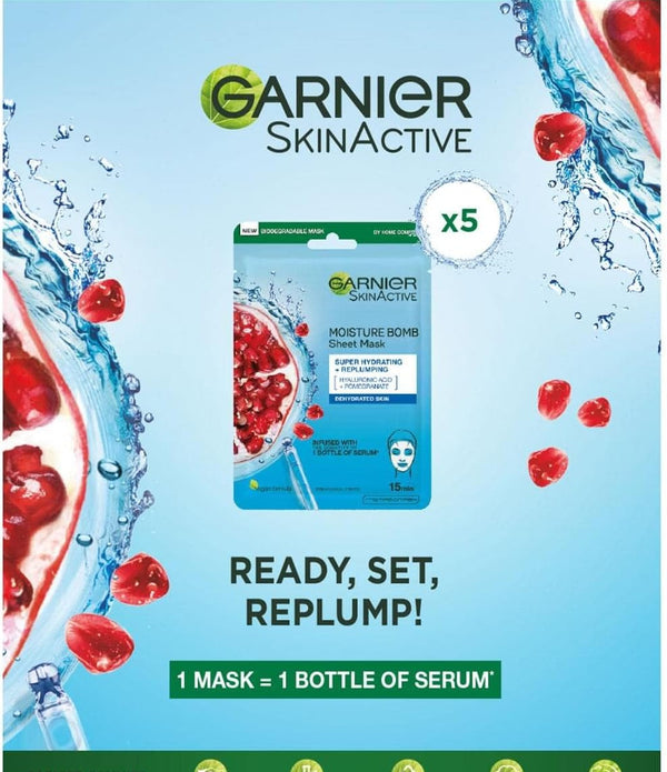 Garnier SkinActive Moisturising Tissue Mask, Moisturising and Firming, Pomegranate + Hyaluronic Acid, For Dehydrated Skin, Set of 5 - Rebx.co.uk