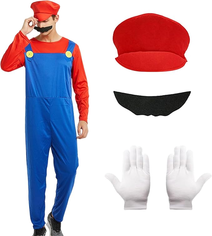 Mario Bros Costume with Hat Gloves Mustache - SIZE XL - BRAND NEW