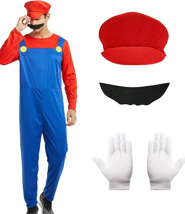 Mario Bros Costume with Hat Gloves Mustache - SIZE XL - BRAND NEW - Rebx.co.uk