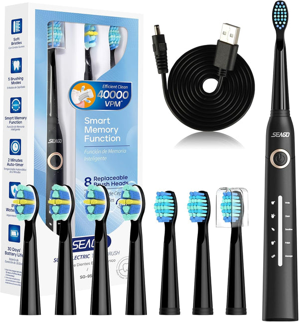 Seago Electric Toothbrush, Rechargeable Power Toothbrush with 8 Brush Heads - Rebx.co.uk