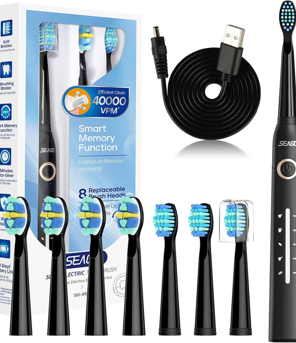 Seago Electric Toothbrush, Rechargeable Power Toothbrush with 8 Brush Heads - Rebx.co.uk