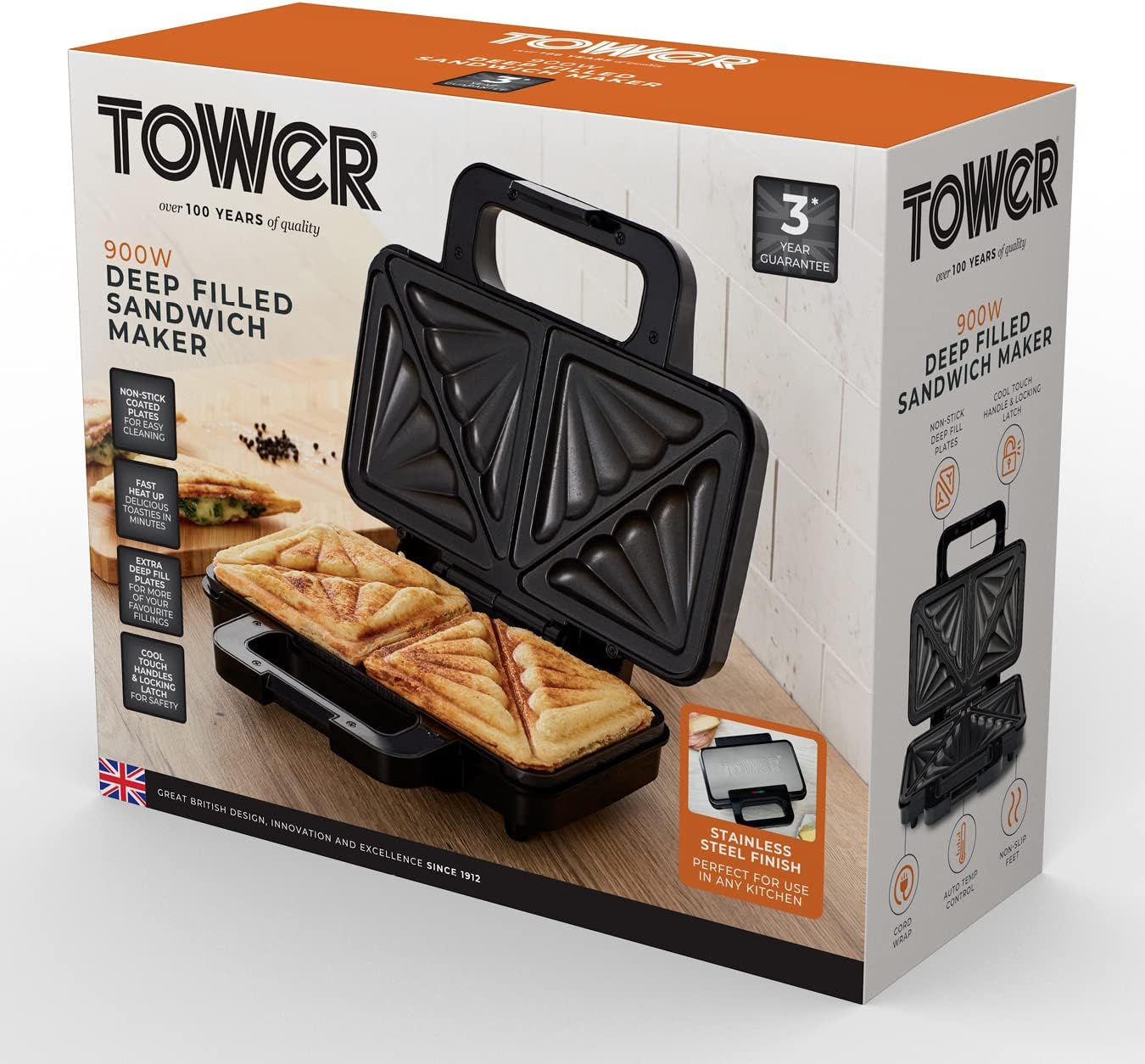 Tower T27031 Deep Filled Sandwich Maker with Non-Stick Coated Plate DAMAGE BOX