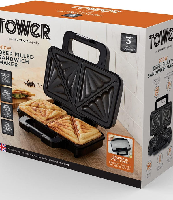 Tower T27031 Deep Filled Sandwich Maker with Non-Stick Coated Plate DAMAGE BOX - Rebx.co.uk