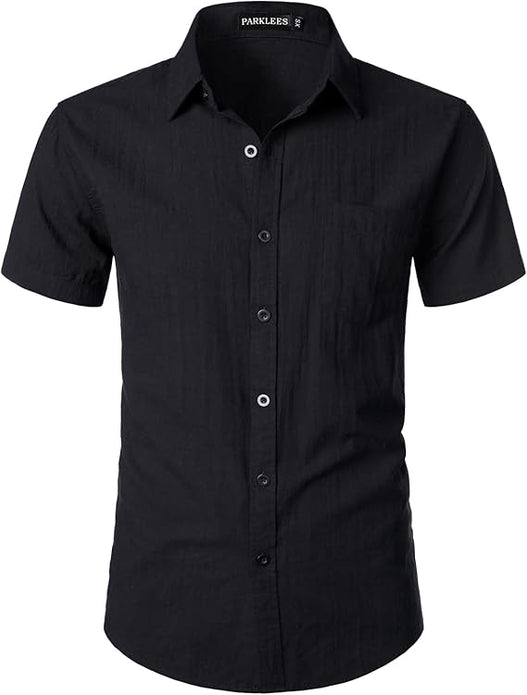 PARKLEES Shirt Men's Cotton Linen Casual Short Sleeve Shirt - Black - Large - NEW - Rebx.co.uk