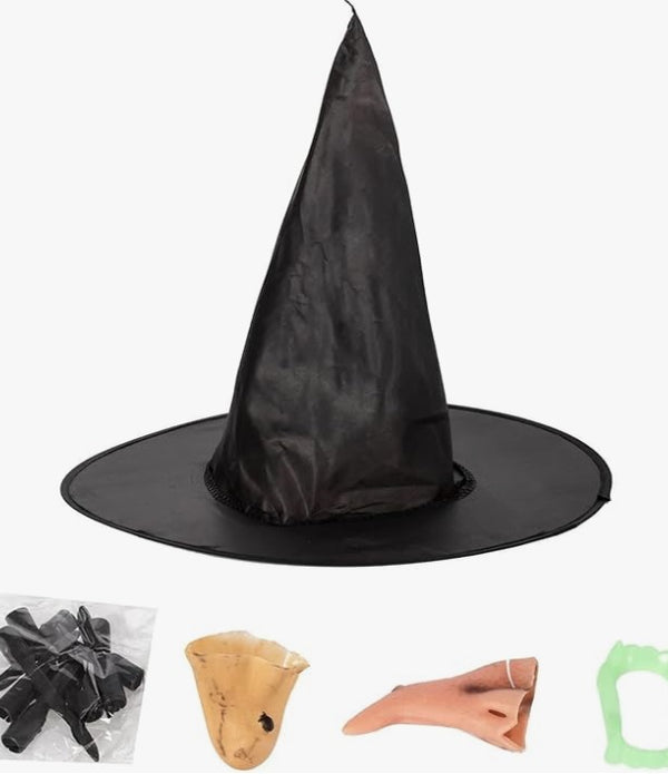 Women's/Kids Witch Halloween Fancy Dress Set (Hat, Nose, Teeth, Chin, Claws) - Rebx.co.uk