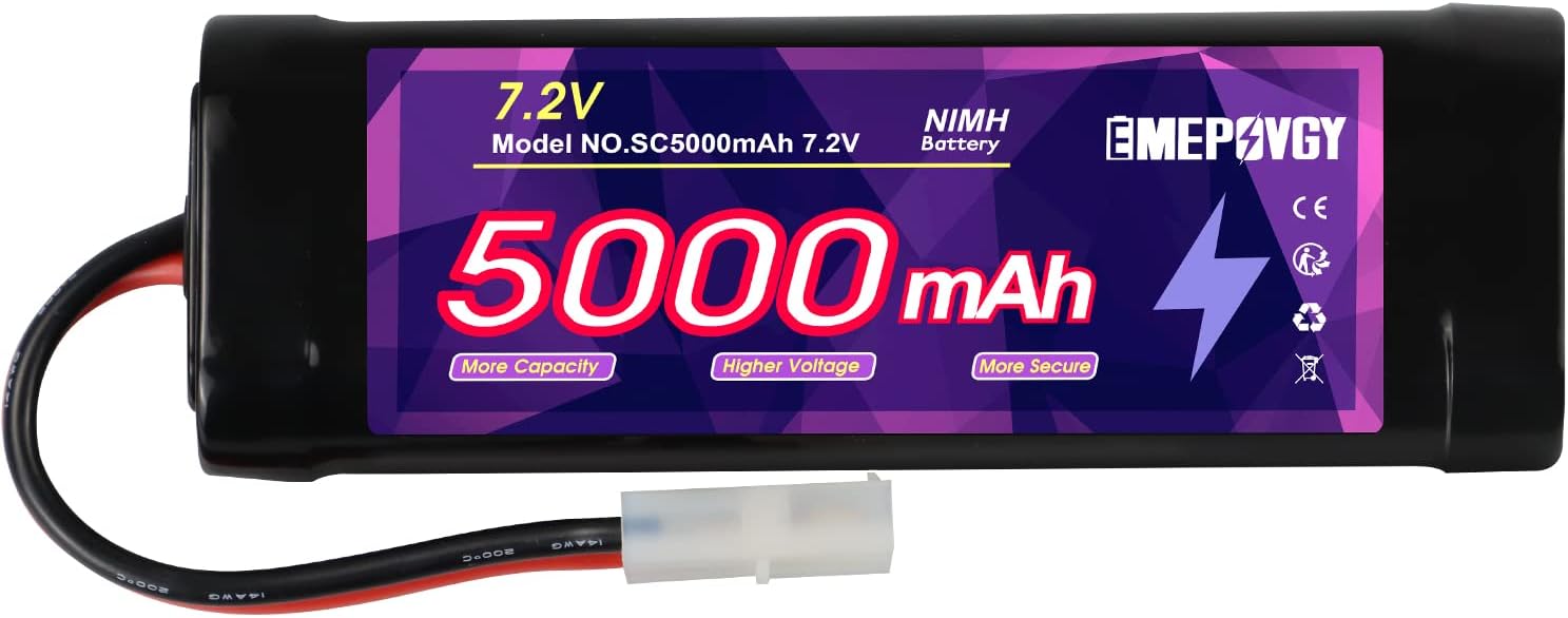 RC NiMH Battery 7.2V 5000mAh Capacity Rechargeable 6-Cell Flat Battery Pack