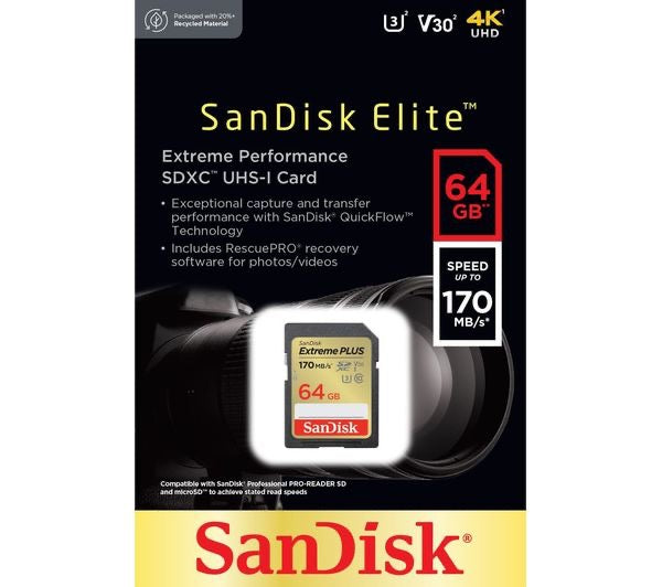 Genuine SANDISK Extreme Plus Class 10 SDXC Memory Card, 64 GB - VERY GOOD