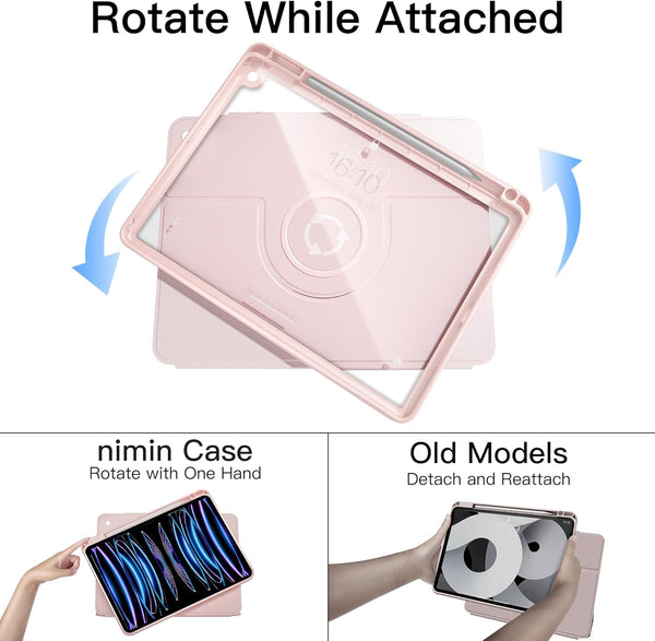 nimin Rotating Case for ipad 2019/2020/2021 (10.2") 7th / 8th / 9th Generation Case with Pencil Holder, Dechable ipad Case 10.2 inch with Foldable Magnetic Stand, Auto Sleep/Wake, 11 Different Positions, Pink - Rebx.co.uk