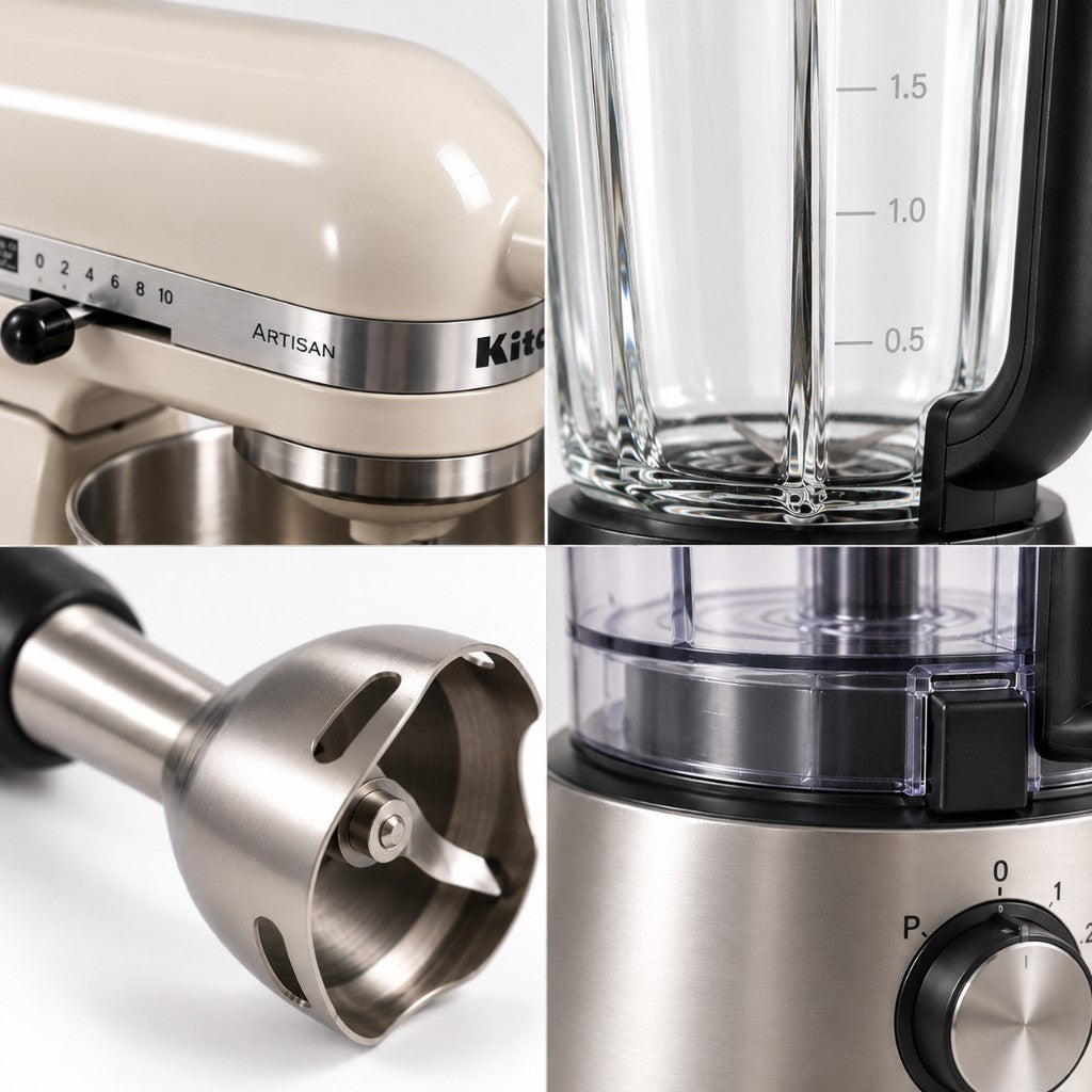 Excellent condition mixer and blender example: like-new stand mixer, blender jug, hand blender and food processor