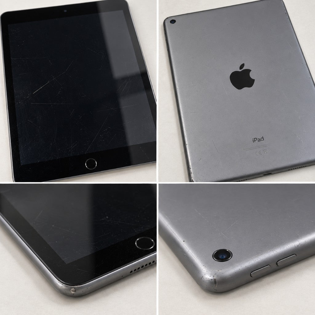 Fair condition iPad example: scratched screen, worn back, corner and side buttons