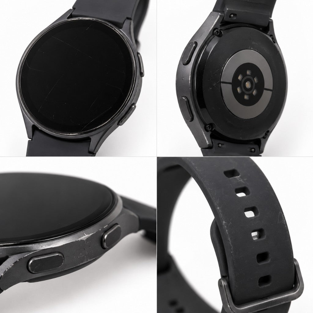 Fair condition Samsung Watch example: visible scratches on the screen, case, side buttons and strap