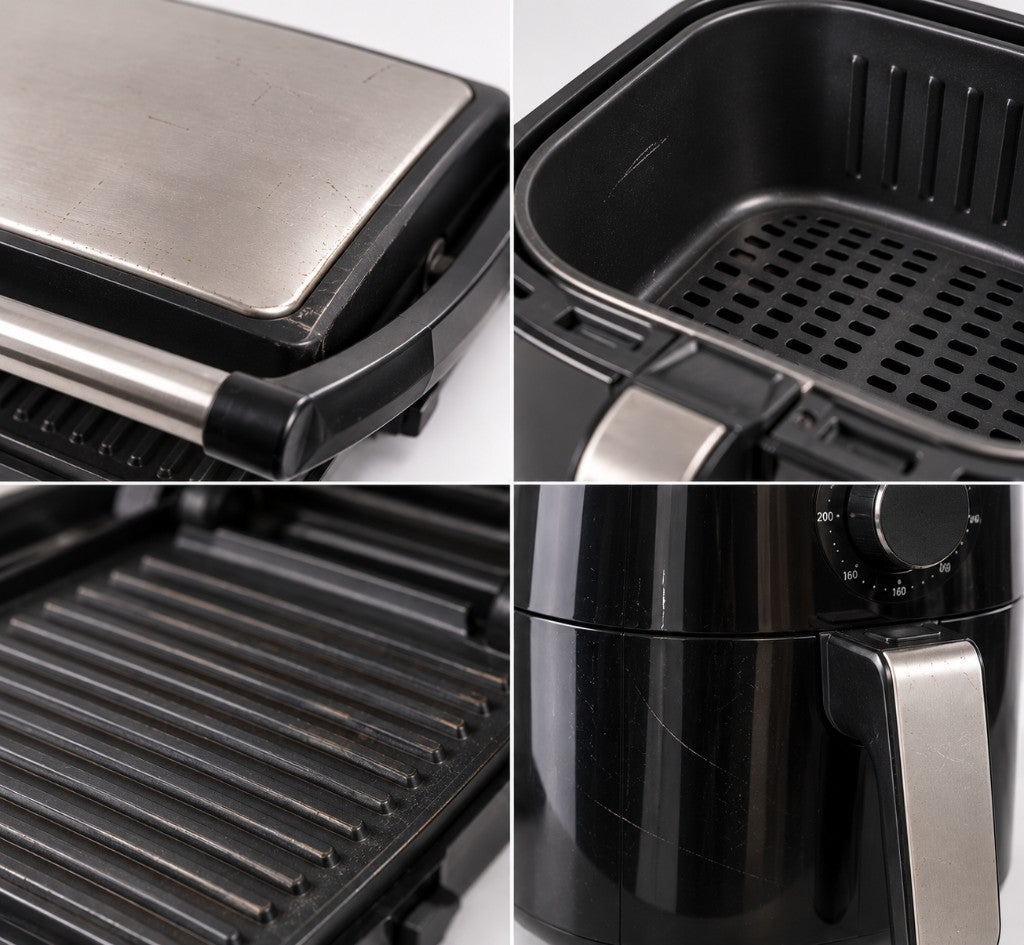 Fair condition oven and air fryer example: visible scratches on a grill plate, air fryer basket and air fryer body
