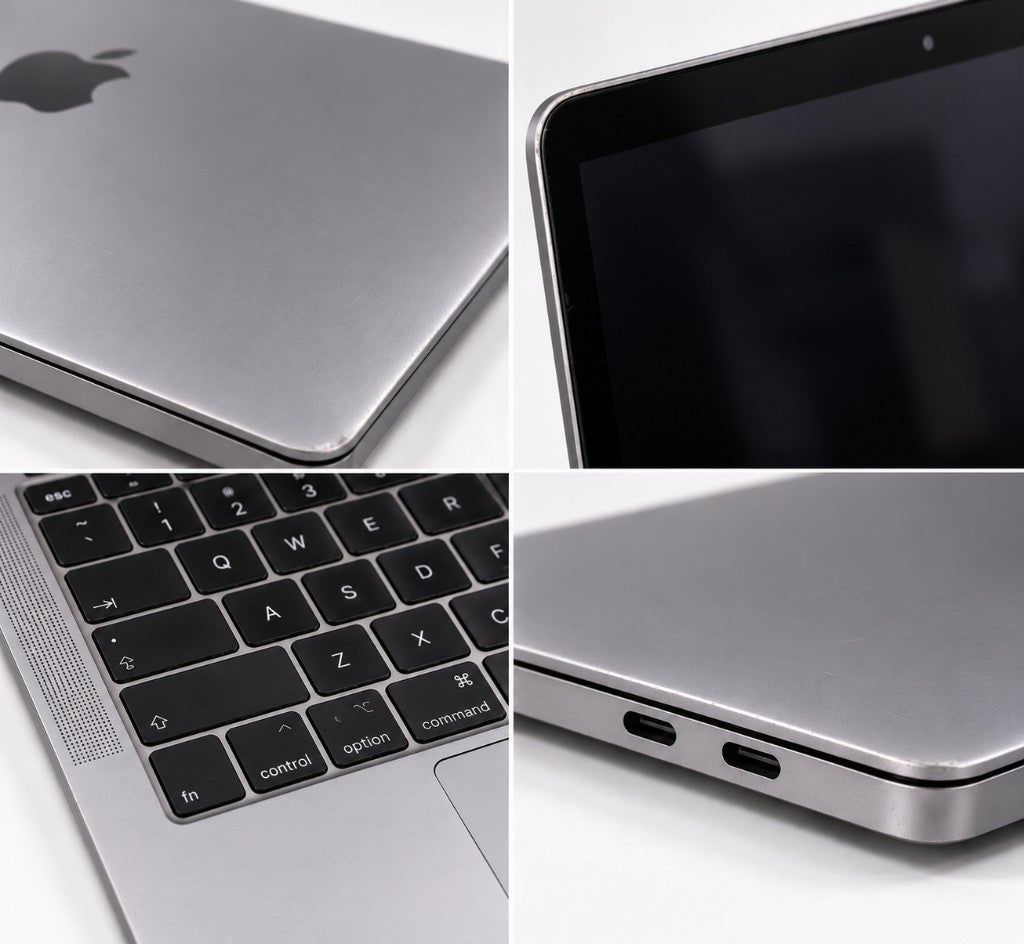Good condition laptop example: light scratches on the lid, screen edge, keyboard and ports